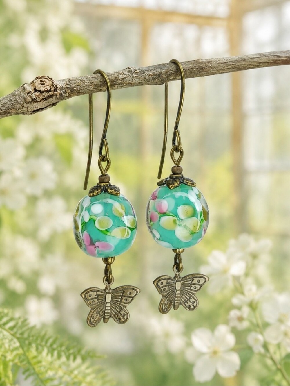 Aqua Flower Lampwork Earrings Brass Butterfly Cottagecore Garden Handcrafted